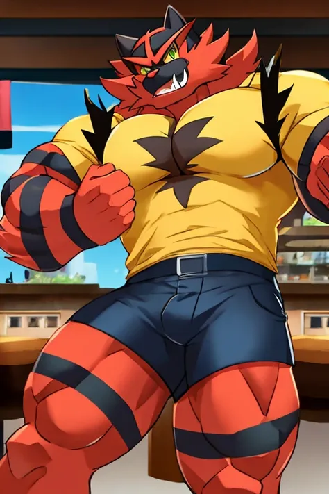 Incineroar, muscular, yellow shirt with a brown vest, shorts cafés