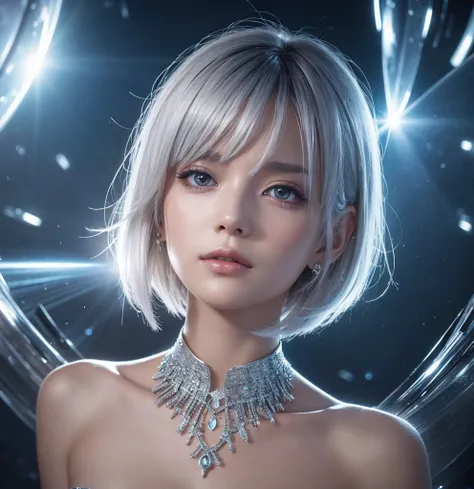 silver hair, short hair, asymmetrical bangs, crystal hair, shiny hair, Surrealism, lens flare, anime, 8k, super detail, UHD, retina, masterpiece, accurate, anatomically correct, textured skin, super detail, high details, high quality, award winning, best q...