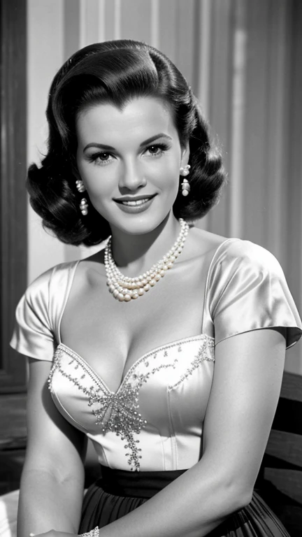 Maureen OHara dressed in clothes made of sexy pearls and smiling