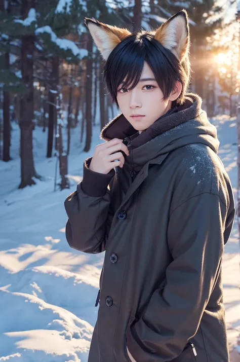 Anime style boy character with fox ears in winter landscape