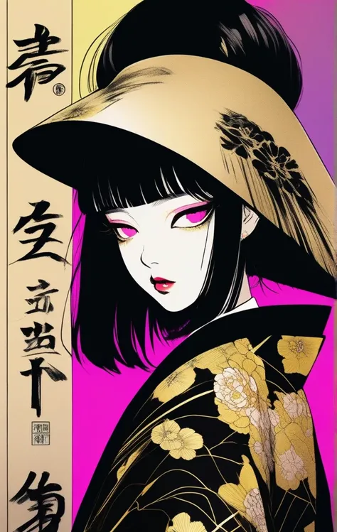 (best quality, sketch:1.2),realistic,illustrator,anime,1 girl, detailed lips, kimono,custom, black and gold gradient background,neon hair,textured cropping, masterpiece, style retro classic, noir style 、An illustration、art、70s horror movie posters, Supervi...