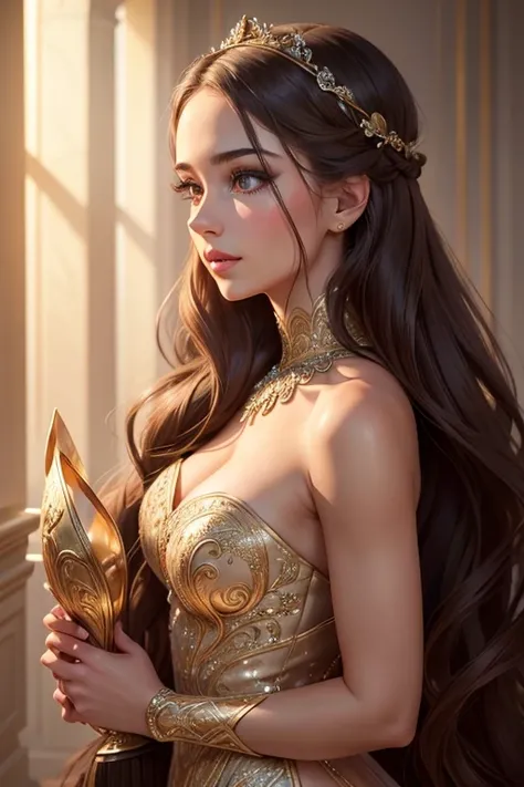 a beautiful young woman , holding an elegant trophy in hand celebrating and kissing a trophy she won, extremely detailed, beautiful eyes, long eyelashes, detailed facial features, intricate hairstyle, glowing skin, elegant expression, soft lighting, warm c...