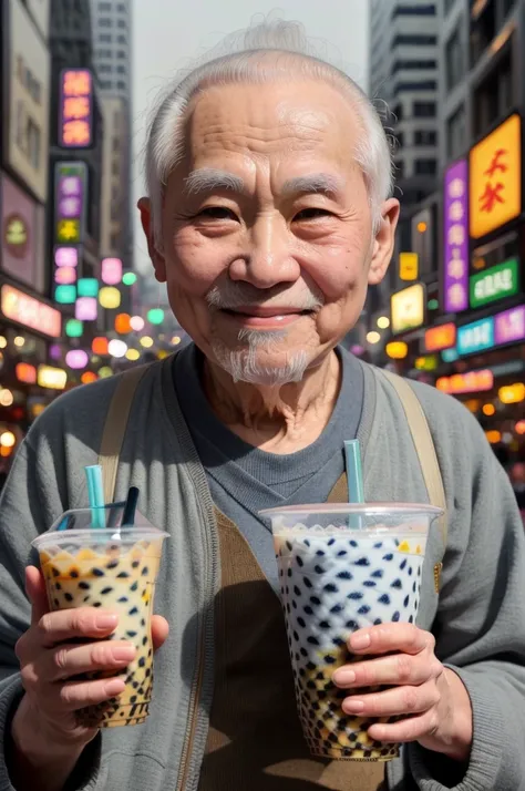 masterpiece, best quality, 1old man, photo of harold, (middle finger:1.1), (holding bubble tea:1.2), smiling, city, 