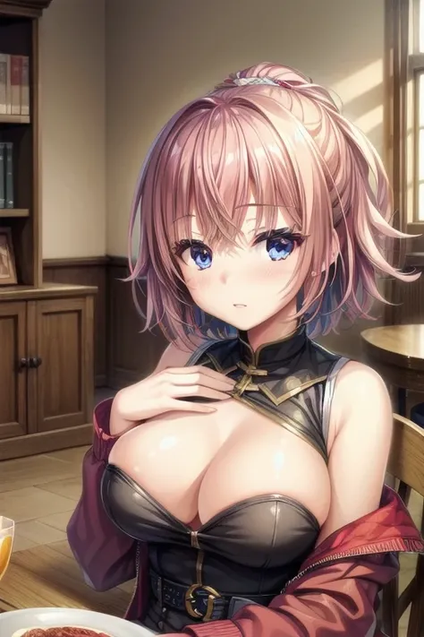 (Tabletop:1.0), (highest quality:1.4), (High resolution:1.2), From the side,Sharp contours,  boyish, highest quality, masterpiece,Voice of the Heart,20-year-old woman,yandere,Big Breasts,Chest to chest,Lying face down,Upper Body,blush,Squint your eyes,blue...