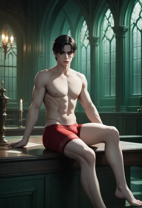 Beautiful detailed photo of a male, in red underwear, topless, black hair, red eyes, pale skin, sensual pose, in Slytherin common room with dramatic lighting, extremely detailed, cinematic composition, masterpiece, high quality, photorealistic, 4k