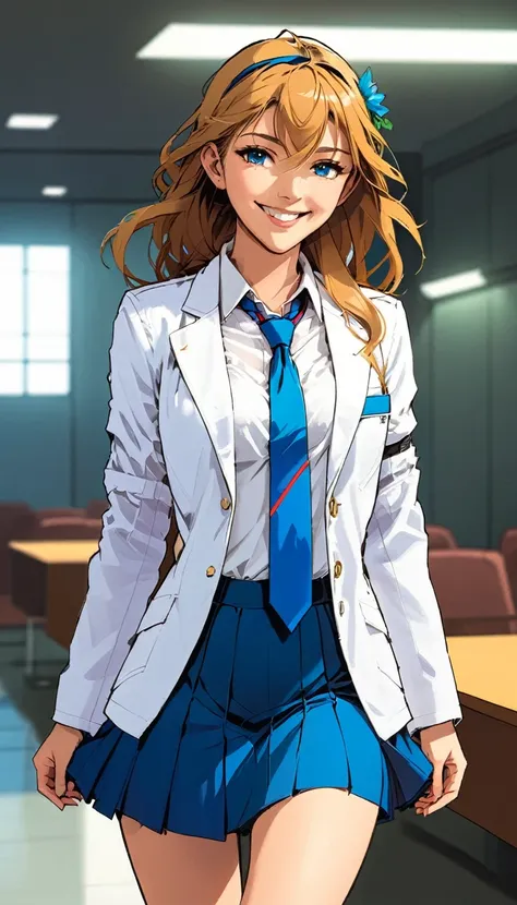 masterpiece, best quality, ultra-detailed, 1girl, aris, white jacket, white shirt, blue necktie, pleated skirt, halo, indoors, smile mhk_comics