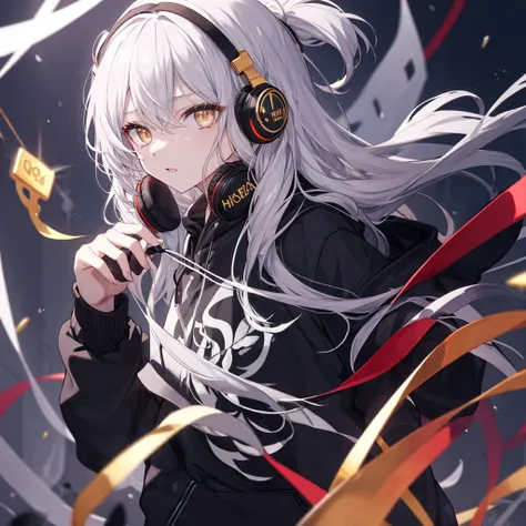 Golden Eyes、woman、Silver Hair、Semi-long hair、Put on some cool headphones,
Black hoodie oversized，
MytH, beautiful and delicate
Golden Eyes、Black clothes，Solo，
Near future
