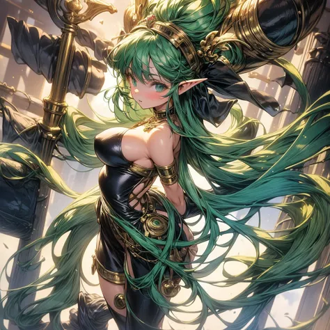 (masterpiece), best quality, expressive eyes, perfect face, girl, 20 years old, elf, green hair, green eyes, she is a member of magical circus, full body, standing pose, sexy, big breast, nasty pose, 175cm, her skill is aerial jump, character sheet, wear c...