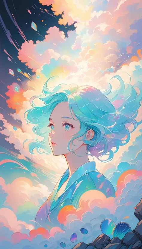 soft pastel colors, cartoon-style illustration of a woman looking at the world while experiencing hallucinations, stones were th...