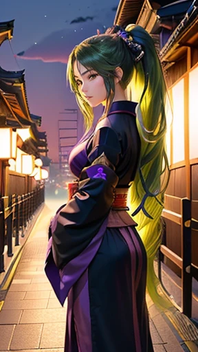 high resolution、anime、One Woman、Samurai costume、Long Hair、ponytail、Her hair is deep green、Facing forward、Kyoto street corner、Standing facing the viewer on Gojo Bridge in Kyoto、Full body portrait、At dusk、The backlight is too bright、No one else、Purple Sky、