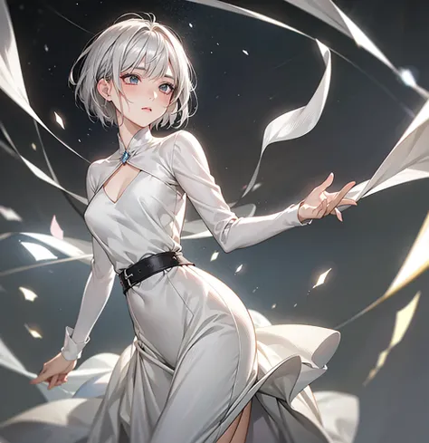 silver hair, short hair, asymmetrical bangs, crystal hair, shiny hair, Surrealism, lens flare, アニメ, 8k, super detail, uhd, retina, masterpiece, accurate, anatomically correct, textured skin, super detail, high details, high quality, award winning, best qua...