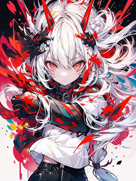 Demon girl, cute, white hair, red horns, black mask, light armor, tight pants, pants are slightly torn