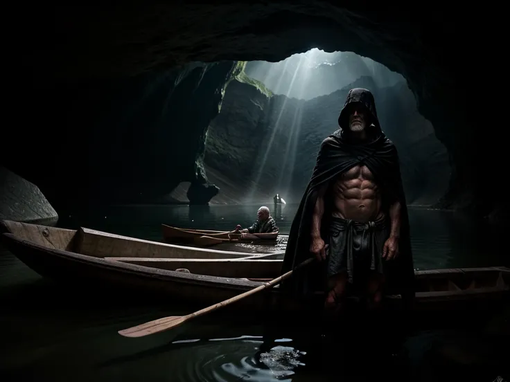 scene depicting a pensive, muscular old man as a ferryman across a huge  lake in an underground cave. The old man is dressed in shreds of a black cape with a hood, revealing his muscular torso. He is standing on the boat leaning on an oar and seems to be w...