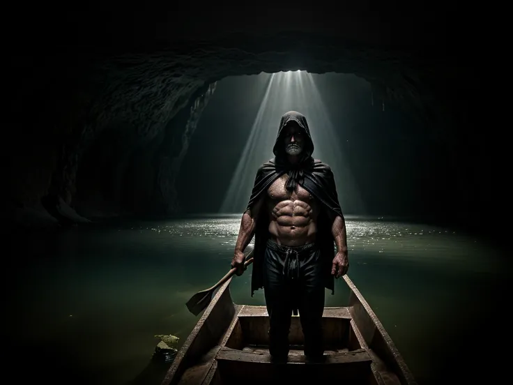 scene depicting a pensive, muscular old man as a ferryman across a huge  lake in an underground cave. The old man is dressed in shreds of a black cape with a hood, revealing his muscular torso. He is standing on the boat leaning on an oar and seems to be w...