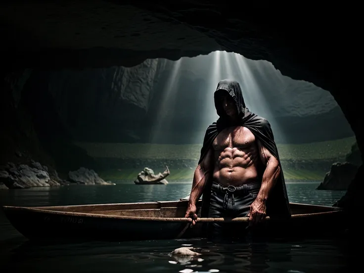 scene depicting a pensive, muscular old man as a ferryman across a huge  lake in an underground cave. The old man is dressed in shreds of a black cape with a hood, revealing his muscular torso. He is standing on the boat leaning on an oar and seems to be w...