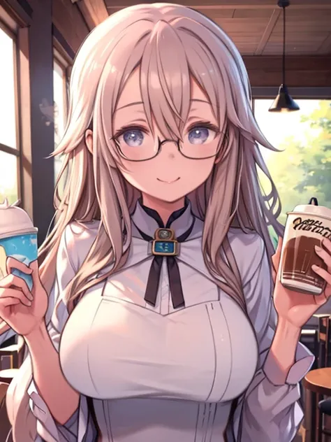 (Latte Art、A girl painted on a cafe latte)、Bust、Hair between the eyes、long hair、Glasses、Big Breasts、Smiling、Watching the audience、
