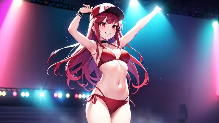 +sparkle+ 1_girlsolo, anime girl, long red hair, short bangs, baseball cap, blue bikini headphones, beach lighting,stage,(best quality:1.2),(ultra-detailed:1.2),(realistic:1.37),HDR,vivid colors,portraits, figure,headphone girl,anime style, atmosphere,tech...