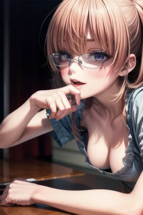 (Tabletop:1.0), (highest quality:1.4), (High resolution:1.2), From the side,Sharp contours,  boyish, highest quality, masterpiece,Glasses,Voice of the Heart,20-year-old woman,yandere,Big Breasts,Chest to chest,Lying face down,Upper Body,Ecstasy,saliva,blus...