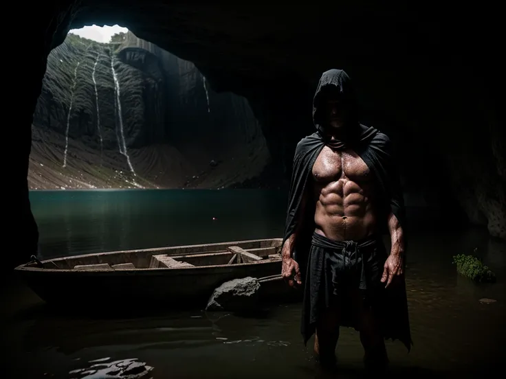 scene depicting a pensive, muscular old man as a ferryman across a huge  lake in an underground cave. The old man is dressed in shreds of a black cape with a hood, revealing his muscular torso. He is standing on the boat. The shore of the lake is covered w...