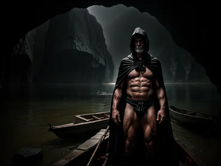 scene depicting a pensive, muscular old man as a ferryman across a huge  lake in an underground cave. The old man is dressed in shreds of a black cape with a hood, revealing his muscular torso. He is standing on the boat. The shore of the lake is covered w...