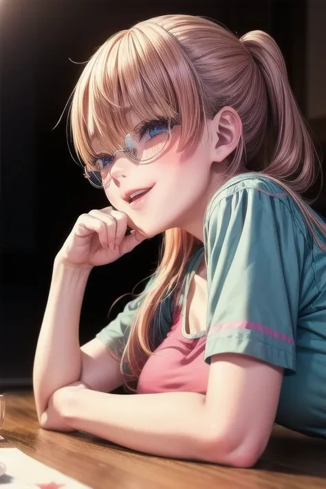 (Tabletop:1.0), (highest quality:1.4), (High resolution:1.2), From the side,Sharp contours,  boyish, highest quality, masterpiece,Glasses,Voice of the Heart,20-year-old woman,yandere,Big Breasts,Chest to chest,Lying face down,Upper Body,Ecstasy,blush,Squin...