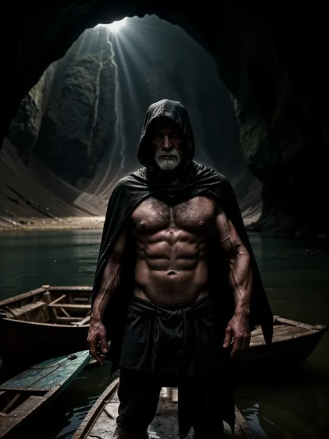 scene depicting a pensive, muscular old man as a ferryman across a huge  lake in an underground cave. The old man is dressed in shreds of a black cape with a hood, revealing his muscular torso. He is standing on the boat. The shore of the lake is covered w...