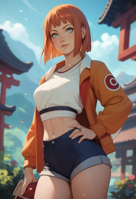 (masterpiece) (best quality) (detailed) (8k) (cinematic) (sharp focus), Naruto reference, Sakura, short hair, small waist