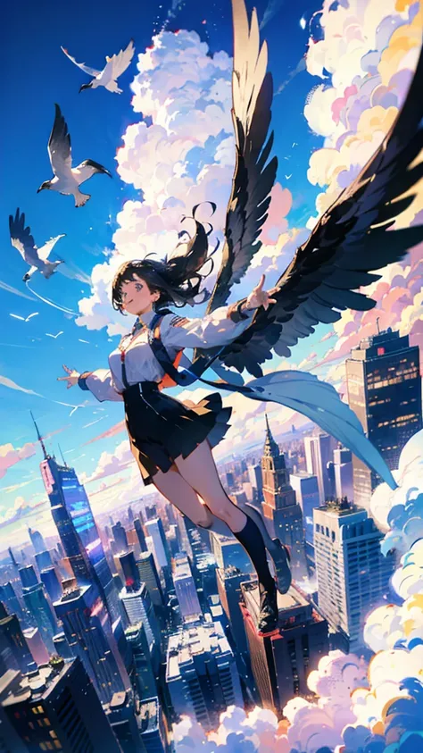 a girl flying through the air over a city with tall buildings and a sky background with clouds, (wind effect:1.2), wide shot