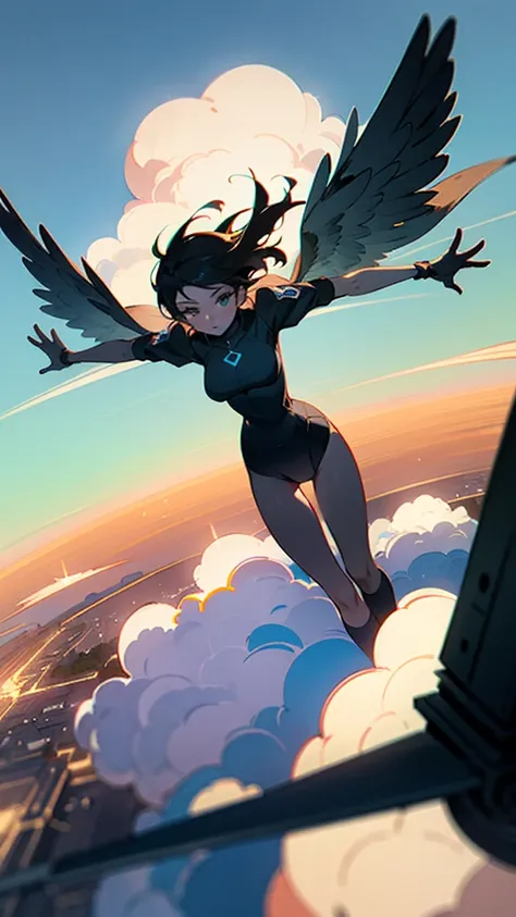 a girl flying through the air over a city with tall buildings and a sky background with clouds, wide shot