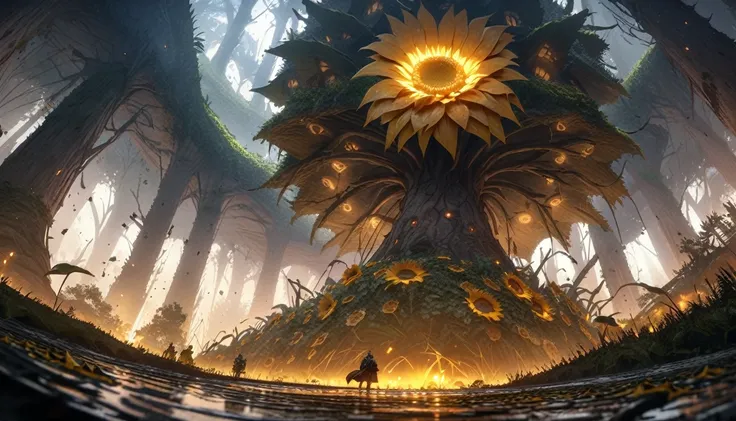  anime scenery, anime aestetics, huge sunflower, rotten sunflower, scadu tree avatar, 5 glowing light orange seeds, spiky stem, old flower, toxic swamp, toxic yellow fog, gigantic tree on the background, thickets over the swamp, dim light, elden ring, boss...