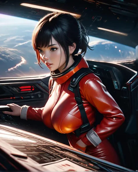 a girl with short black hair,space ship pilot,red spacesuit,sexy,large breasts,boob window,hot,space,cinematic lighting,hyper detailed,photorealistic,8k,artstation,concept art,matte painting,short suit,short pant 