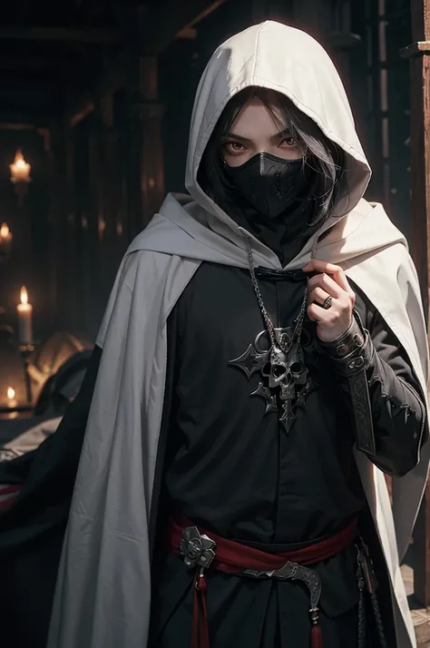 "An assassin, male, fantasy character, physically strong, wearing a skull mask covering his face and eyes, dressed in black medieval attire, with a white hooded cloak over it, gray hair, short hair, red eyes, holding a dagger, nighttime background."