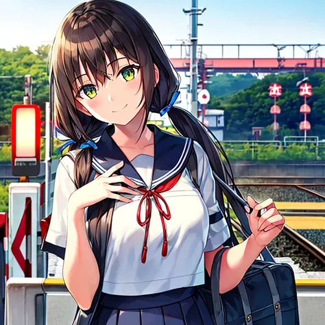 1girl, standing, (hand on chest with left hand), (head tilt), smile, 16yo, gentle smile, head tilt, (railway barrier in Japan, railway crossing in Japan:1.4), (black and yellow bar:1.3), red lamp, asphalt road, outdoor, city, Tokyo, (low twintails), red ri...