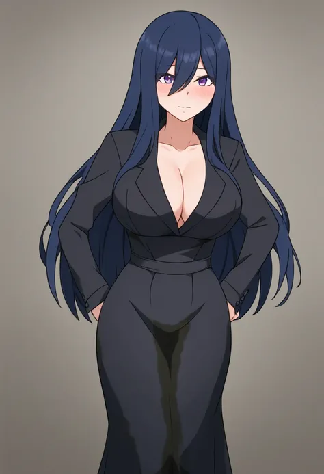 (high quality,Very detailed:1.37, High resolution), Woman, pokemoncynthia, large breasts, (very dark blue hair:1.5), hair over one eye, long hair, purple eyes, black coat, black dress, very long dress, skintight dress, coat, looking at viewer, masterpiece,...