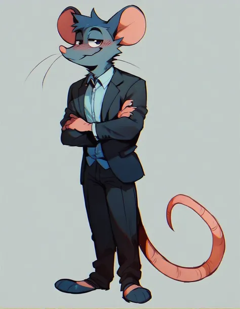 score_9,score_8_up,score_7_up,score_6_up,score_5_up,score_4_up, solo anthro furry, mouse, rat, boykisserfur, male, blue gray fur, blue gray ears, smug, blush, suit, pants, full body, 3 mouth