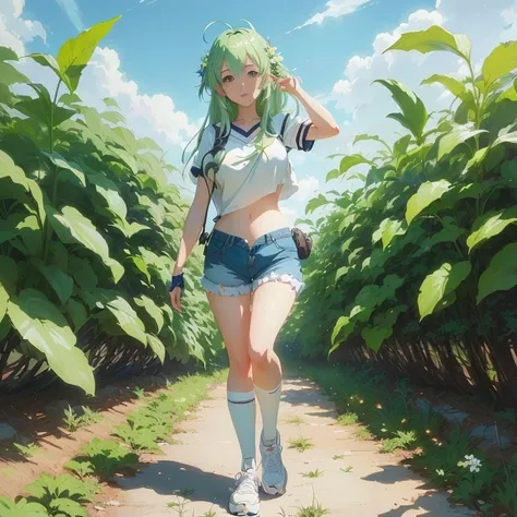 anime girl in short shorts and a white shirt walking through a field of plants, anime lush john 8k woods, anime style 4 k, smooth anime cg art, anime visual of a cute girl, made with anime painter studio, high quality anime artstyle, anime countryside land...