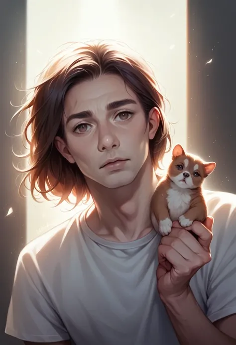 a man holding a small puppy, detailed facial features, warm lighting, hyper-realistic, 8k, photorealistic, award winning photography, soft focus, dramatic lighting, cinematic, beautiful colors, natural lighting