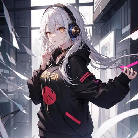 Golden Eyes、woman、Breasts、Silver Hair、Semi-long hair、Put on some cool headphones,
Black hoodie oversized，
MytH, beautiful and delicate
Golden Eyes、Black clothes，Solo，
Near future
