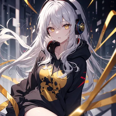 Golden Eyes、woman、Breasts、Silver Hair、Semi-long hair、Put on some cool headphones,
Black hoodie oversized，
MytH, beautiful and delicate
Golden Eyes、Black clothes，Solo，
Near future
