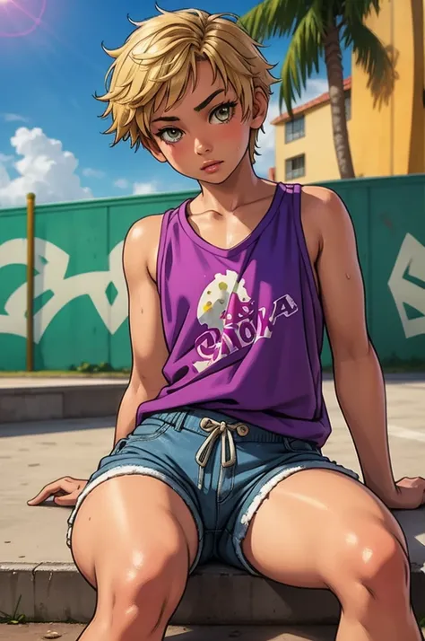 12-year-old girl with short wavy blonde hair, hazel eyes, flat chest, wearing a white tank top with a colorful print, hazel Bermuda shorts, posing sitting on a staircase with graffiti, upper body, concrete staircase background with graffiti in a skate park...