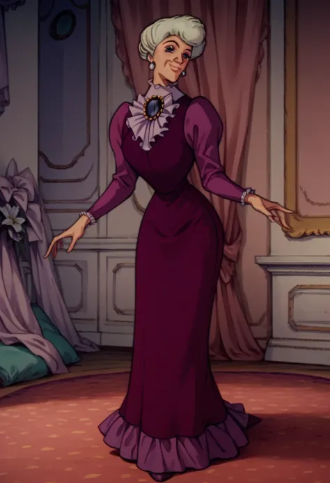 score_9_up, score_8_up, score_7_up, score_6_up, 1 girl, solo, m_adelaide, old woman, blue eyes, earrings, long purple dress, brooch, smile, in a beautiful french mansion, cartoon, retro artstyle, Standing, full body, looking on viewer,