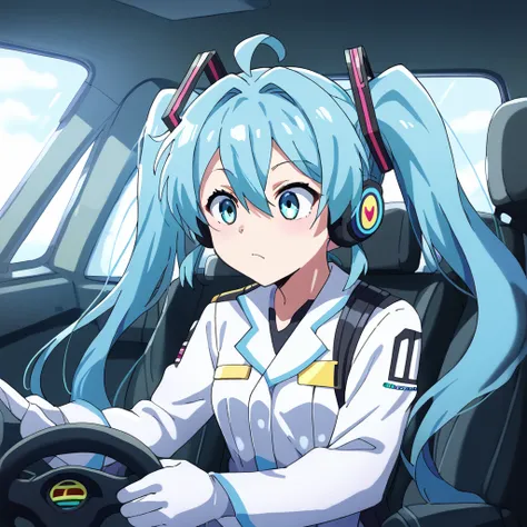 (ray tracing,:0.8),1girl,solo,miku hatsune,ahoge,aqua eyes, aqua hair,crossed bangs,hair between eyes,hair ornament, headphones,...