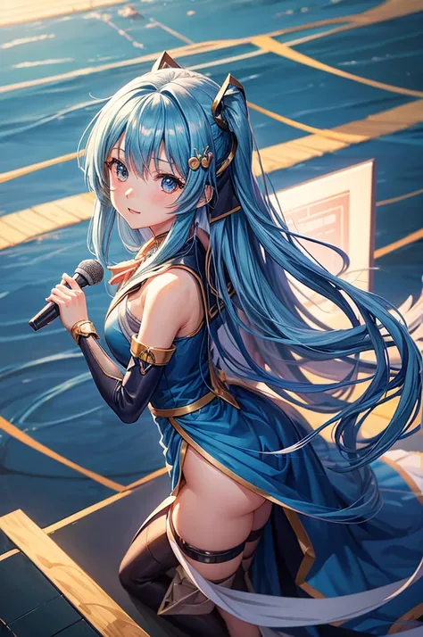 anime girl with long hair and a blue dress holding a microphone, anime moe artstyle, painted in anime painter studio, high quality anime artstyle, flat anime style shading, anime artstyle, smooth anime cg art, clean detailed anime art, detailed digital ani...