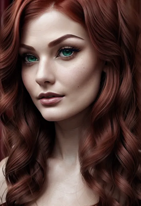 muka: defined contours, high cheekbones and full lips with a small mole strategically positioned next to the mouth, adding a touch of sensuality and mystery. hairs: vibrant redheads, with locks that fall softly over the face, framed by side bangs. A classi...