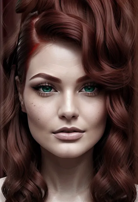 muka: defined contours, high cheekbones and full lips with a small mole strategically positioned next to the mouth, adding a touch of sensuality and mystery. hairs: vibrant redheads, with locks that fall softly over the face, framed by side bangs. A classi...