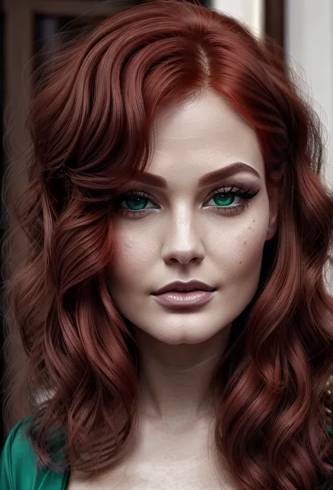 muka: defined contours, high cheekbones and full lips with a small mole strategically positioned next to the mouth, adding a touch of sensuality and mystery. hairs: vibrant redheads, with locks that fall softly over the face, framed by side bangs. A classi...