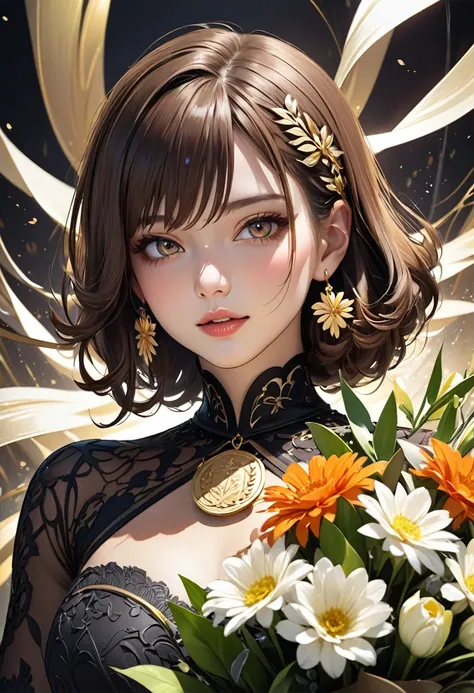 
                  ( perfect anatomy )  Hanging ribbon medal medal otherworldly charming very beautiful girl award ceremony holding gold medal holding big bouquet of flowers ,Happy, elegant and joyful expression at the moment of winning the award(close up)...