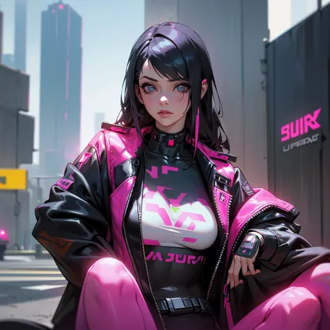 A woman in a pink bikini and a black jacket is sitting on the street, Cyberpunk art style, Cyberpunk 20. Model Girl, hyper-realistic Cyberpunk Style, Cyberpunk atmosphere, Cyberpunk Style ， Surreal, Cyberpunk beautiful girl, Cyberpunk art ultrarealistic 8k...