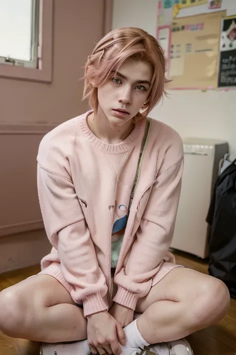 Androgynous boy, (Caucasian), pink hair and a pink sweater, pretty boy, red eyes, peach - haired boy, pink hair and eyes, Caucasian boy, Femboy, (sitting pose), half body, (school uniform), realistic, hyper realistic, HD, 4k 