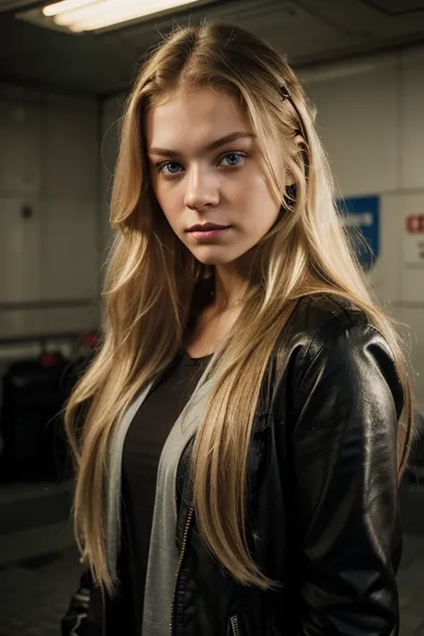 A photorealistic of a 21-year-old russian blond girl with long hair and striking dark eyes. She should have a natural, approachable expression and be illuminated by soft, in metro